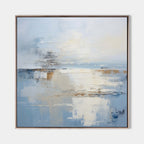 Abstract minimalist blue coastal wall art 'Harbour' with textured brushstrokes in soft blues, whites, and beige, framed in light wood for contemporary interiors.