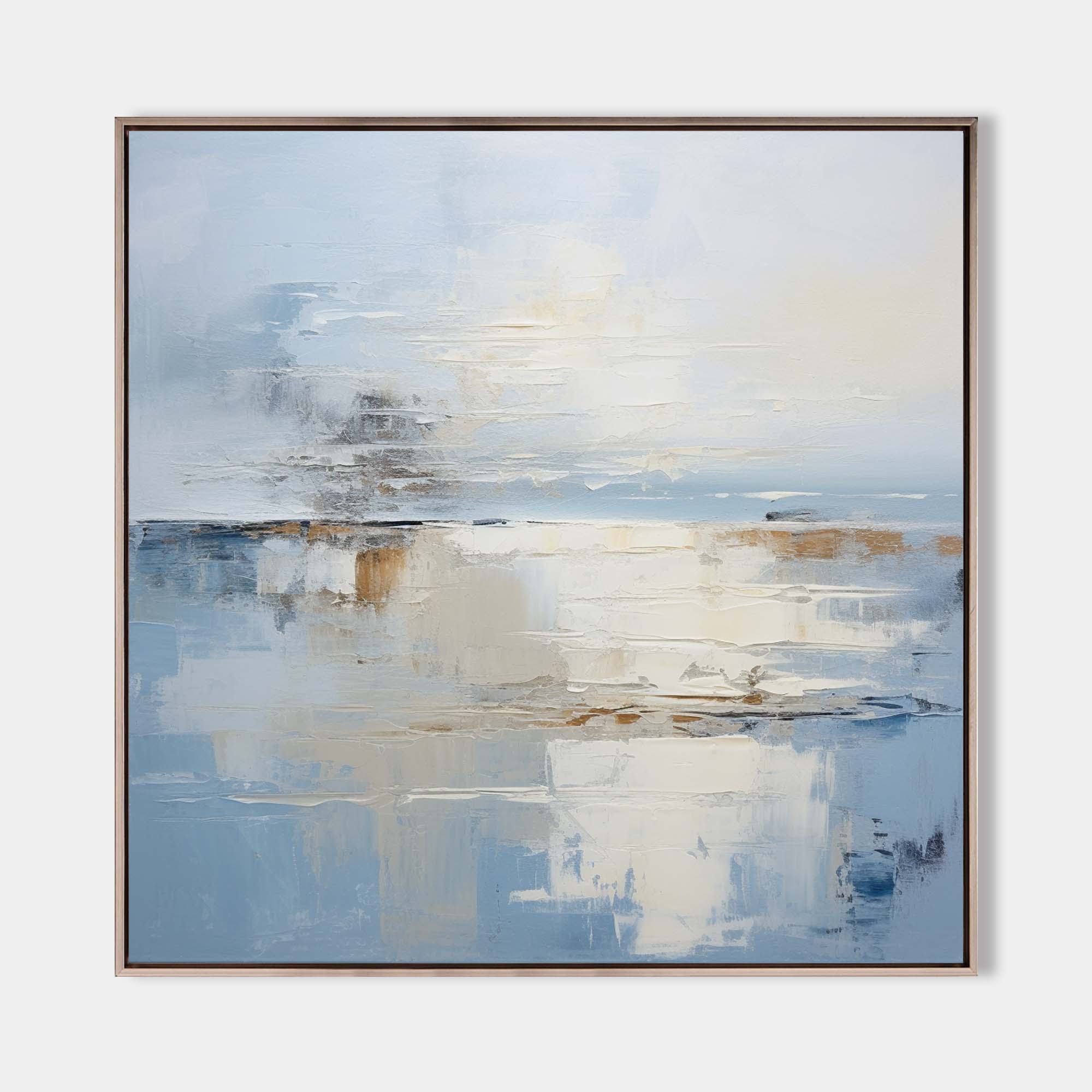 Abstract minimalist blue coastal wall art 'Harbour' with textured brushstrokes in soft blues, whites, and beige, framed in light wood for contemporary interiors.