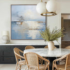 Abstract minimalist blue coastal canvas wall art by Lumi Gallery in dining room