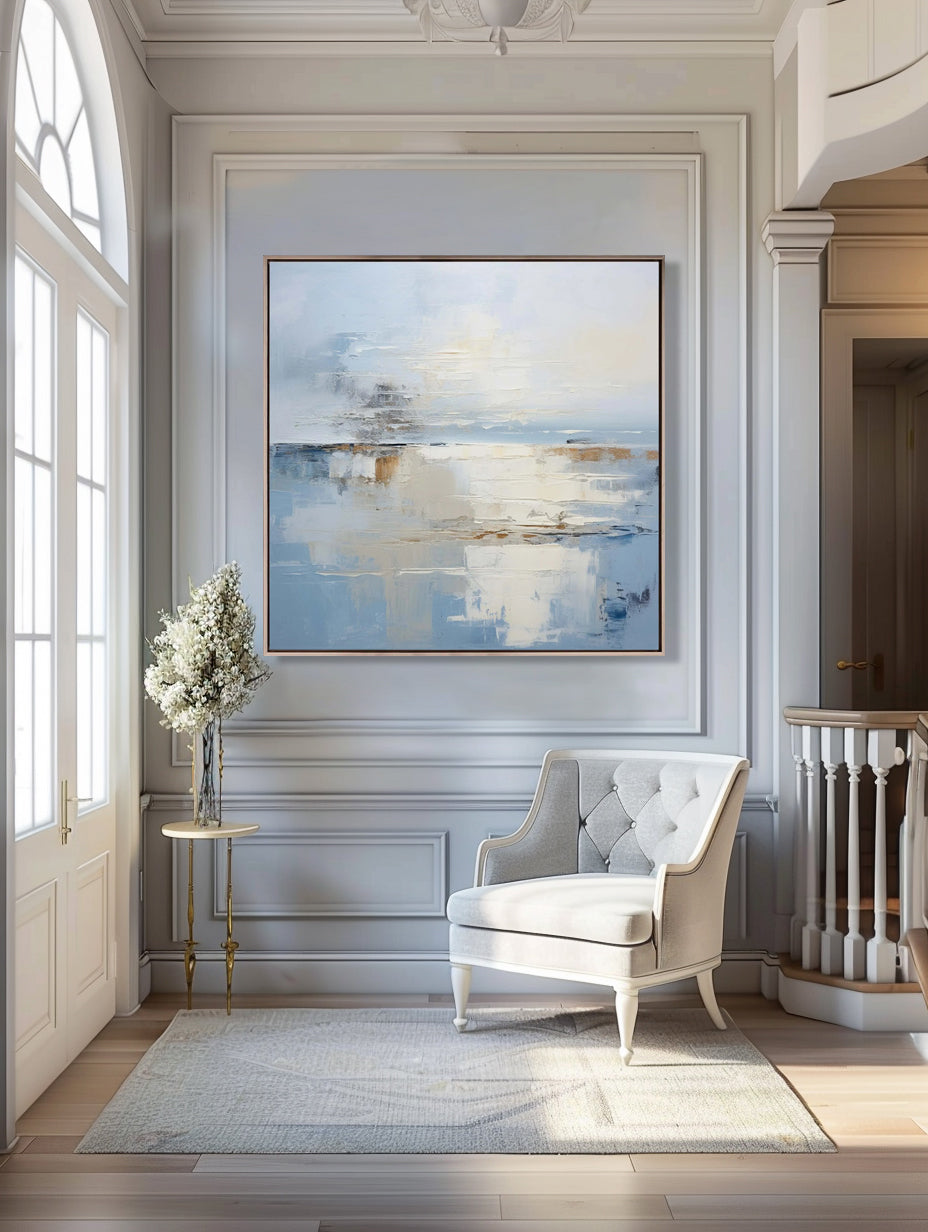 Abstract minimalist blue coastal harbour canvas wall art in elegant living room