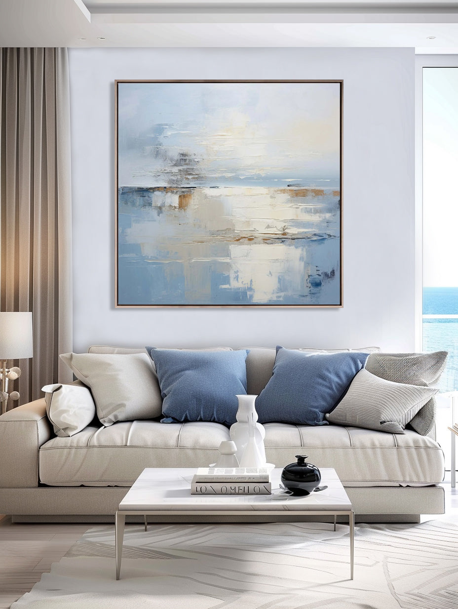 Abstract minimalist blue coastal wall art 'Harbour' by Lumi Gallery, framed canvas in modern living room