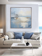 Abstract minimalist blue coastal wall art 'Harbour' by Lumi Gallery, framed canvas in modern living room