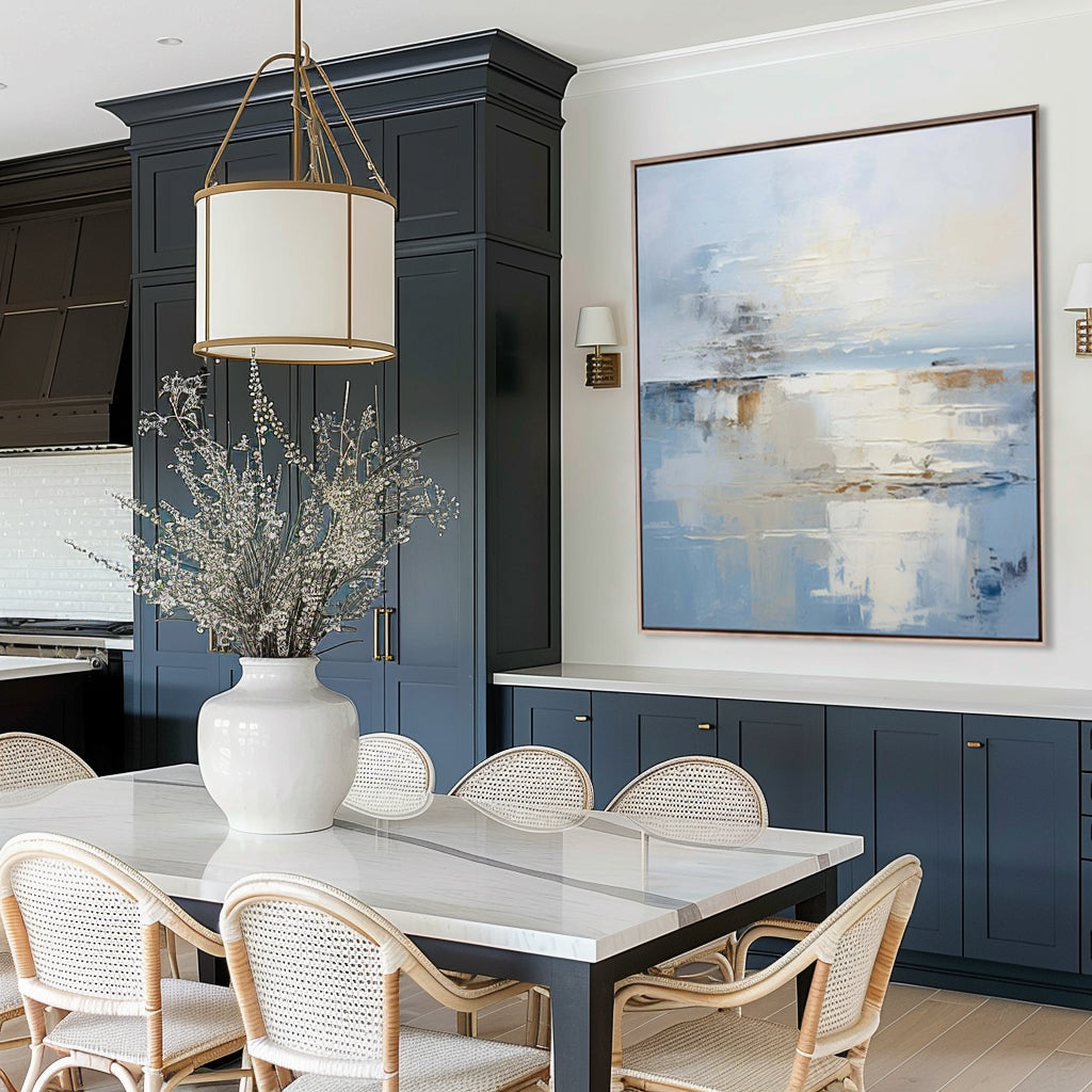 Lumi Gallery's abstract minimalist blue coastal 'Harbour' wall art in contemporary dining room