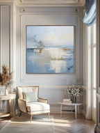 Abstract blue coastal canvas wall art 'Harbour' by Lumi Gallery in elegant living room