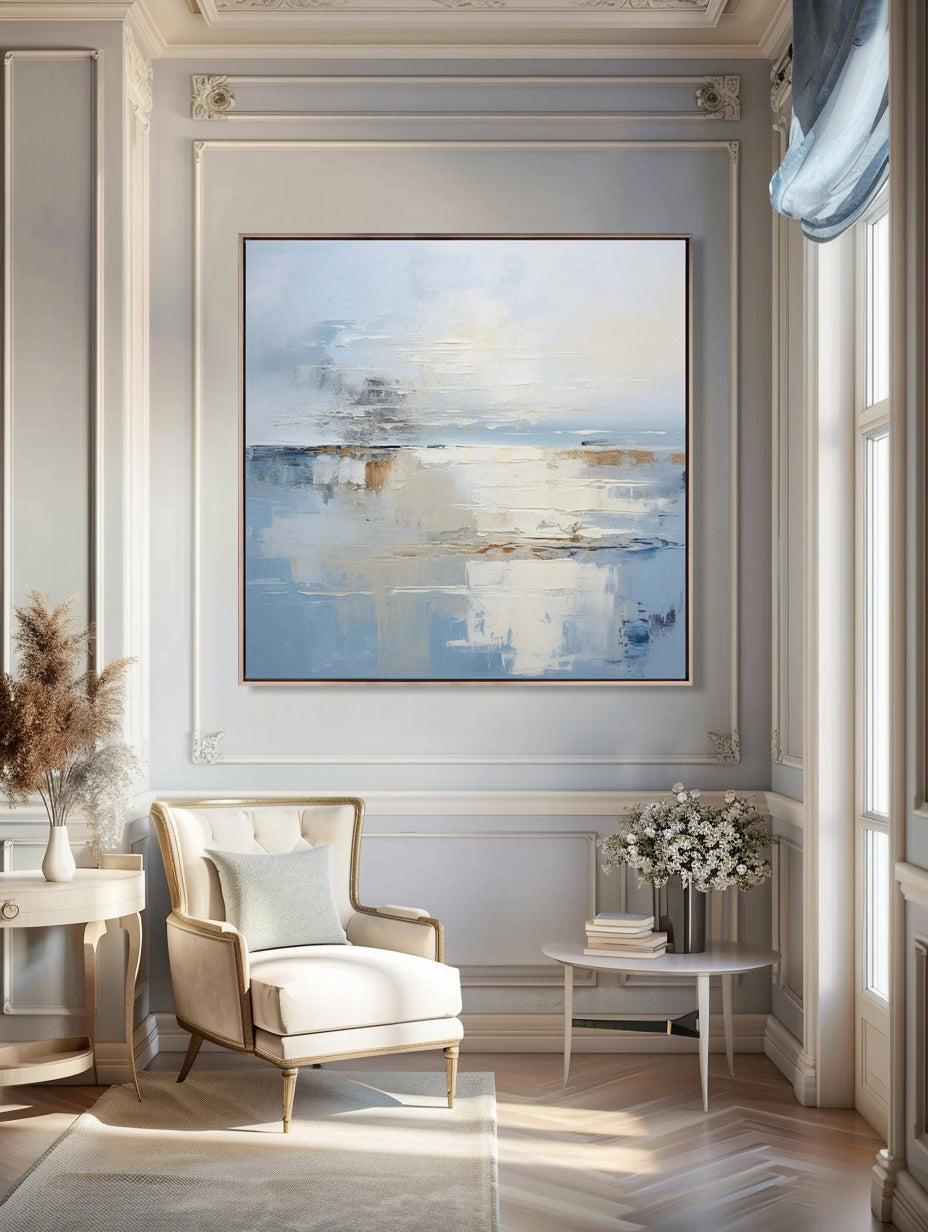 Abstract blue coastal canvas wall art 'Harbour' by Lumi Gallery in elegant living room
