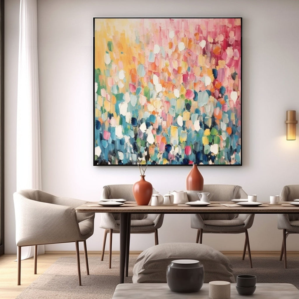 Bright abstract canvas art hanging above a dining table.