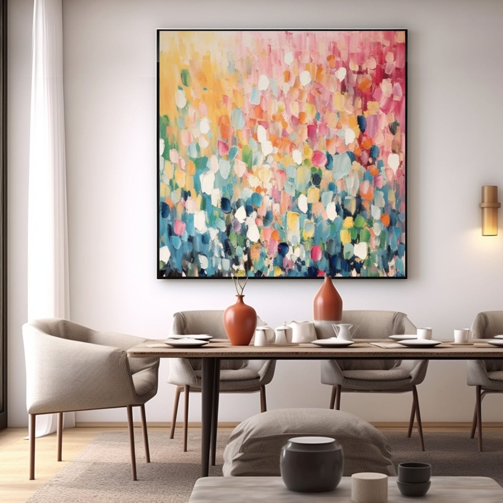 Bright abstract canvas art hanging above a dining table.