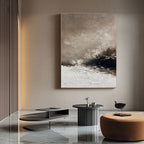 Lumi Gallery's hand-painted abstract wabi-sabi brown seascape canvas art 'Storm Remnant' in modern living room