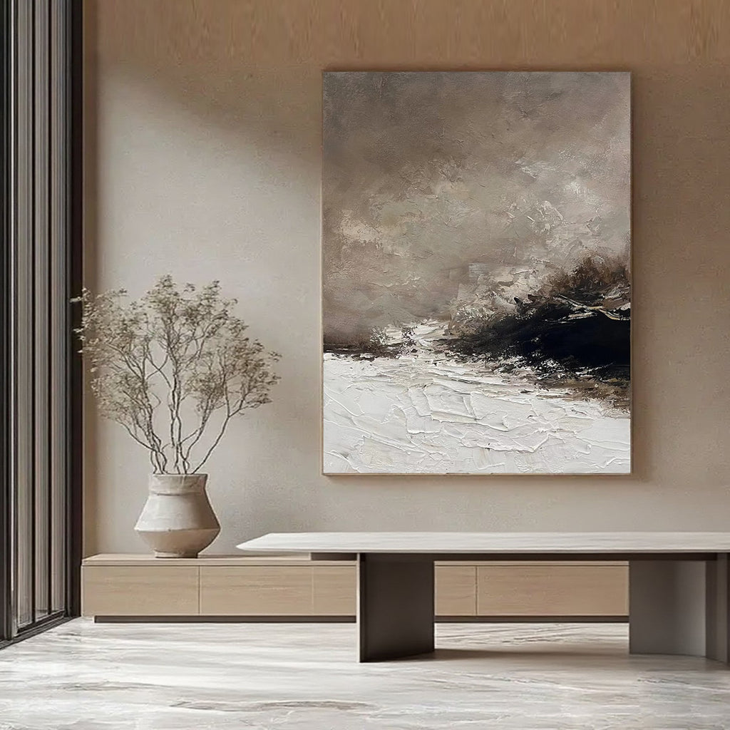 Abstract Wabi-Sabi brown seascape canvas art 'Storm Remnant' in contemporary living room