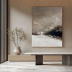 Abstract Wabi-Sabi brown seascape canvas art 'Storm Remnant' in contemporary living room