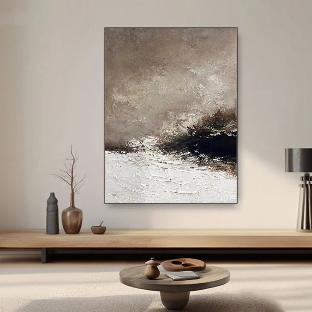 Hand-painted abstract wabi-sabi brown seascape canvas art 'Storm Remnant' in modern living room.