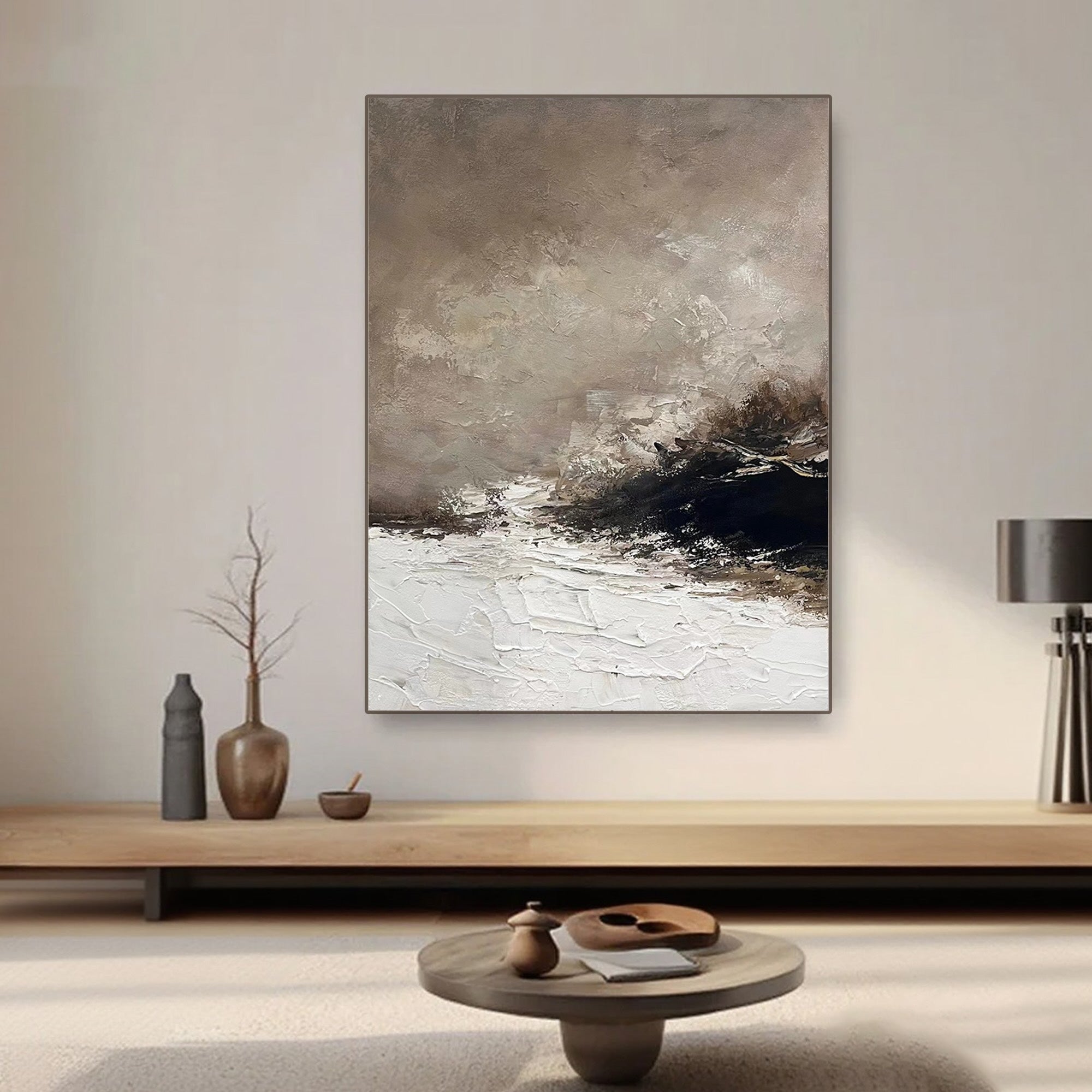 Hand-painted abstract wabi-sabi brown seascape canvas art 'Storm Remnant' in modern living room.