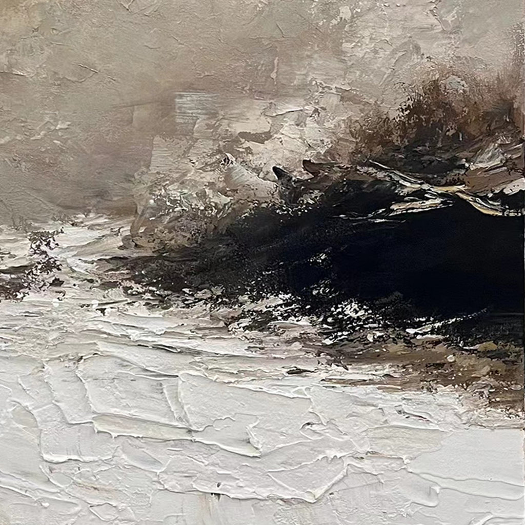 Abstract Wabi-Sabi brown seascape art 'Storm Remnant' with textured brushstrokes, dark storm waves, and white foam on canvas.