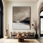 Abstract Wabi-Sabi brown seascape canvas art 'Storm Remnant' in modern dining room