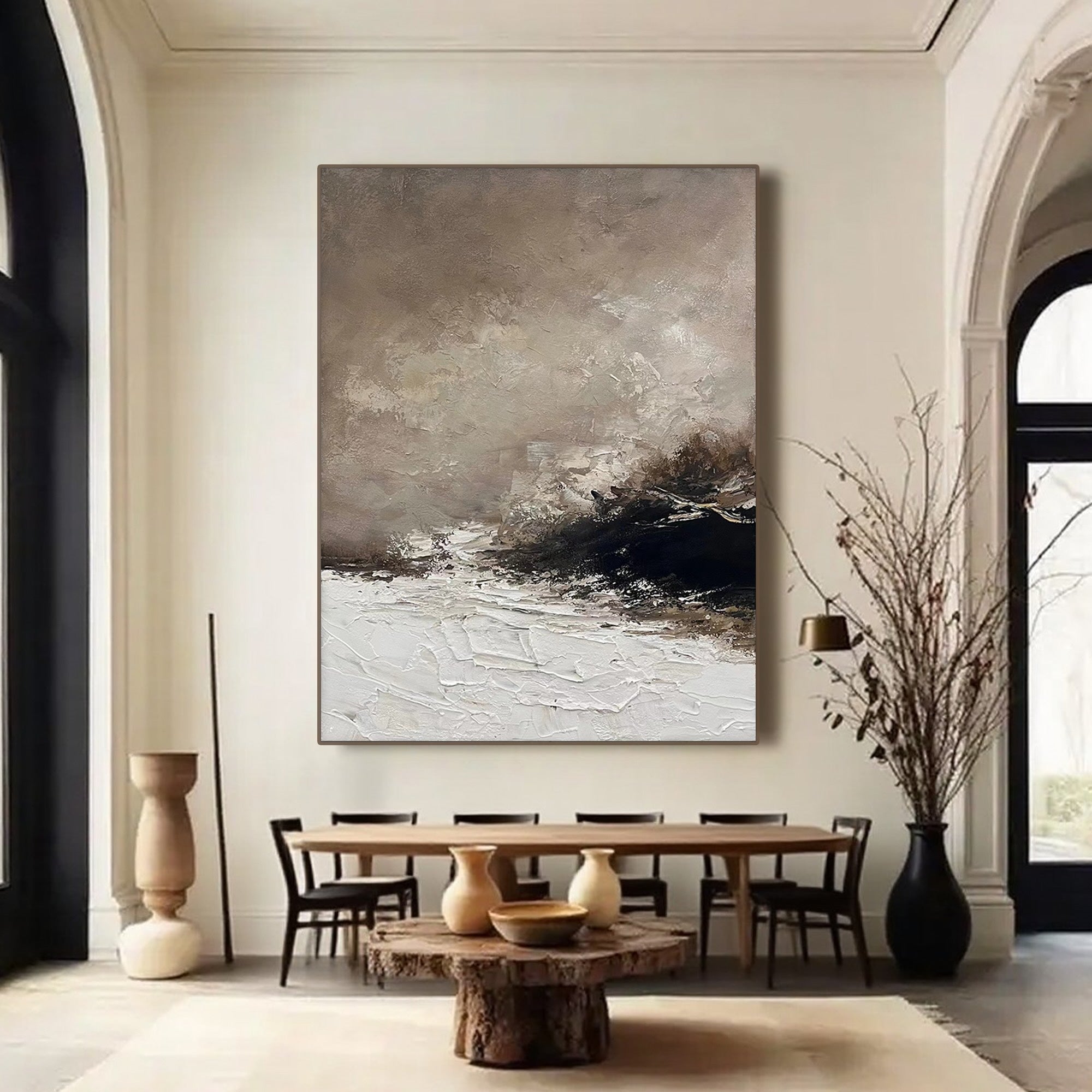 Abstract Wabi-Sabi brown seascape canvas art 'Storm Remnant' in modern dining room