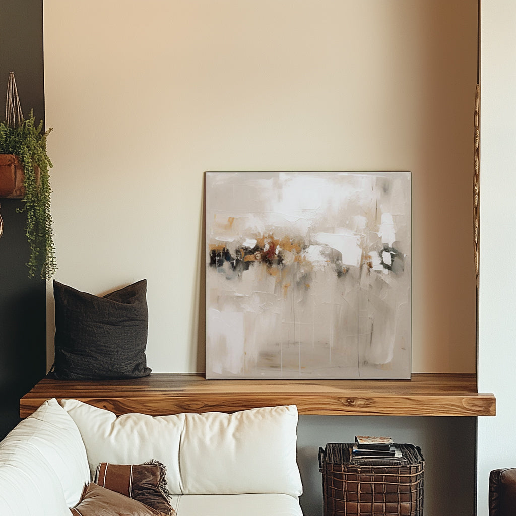Minimalist abstract art on shelf, neutral color palette.