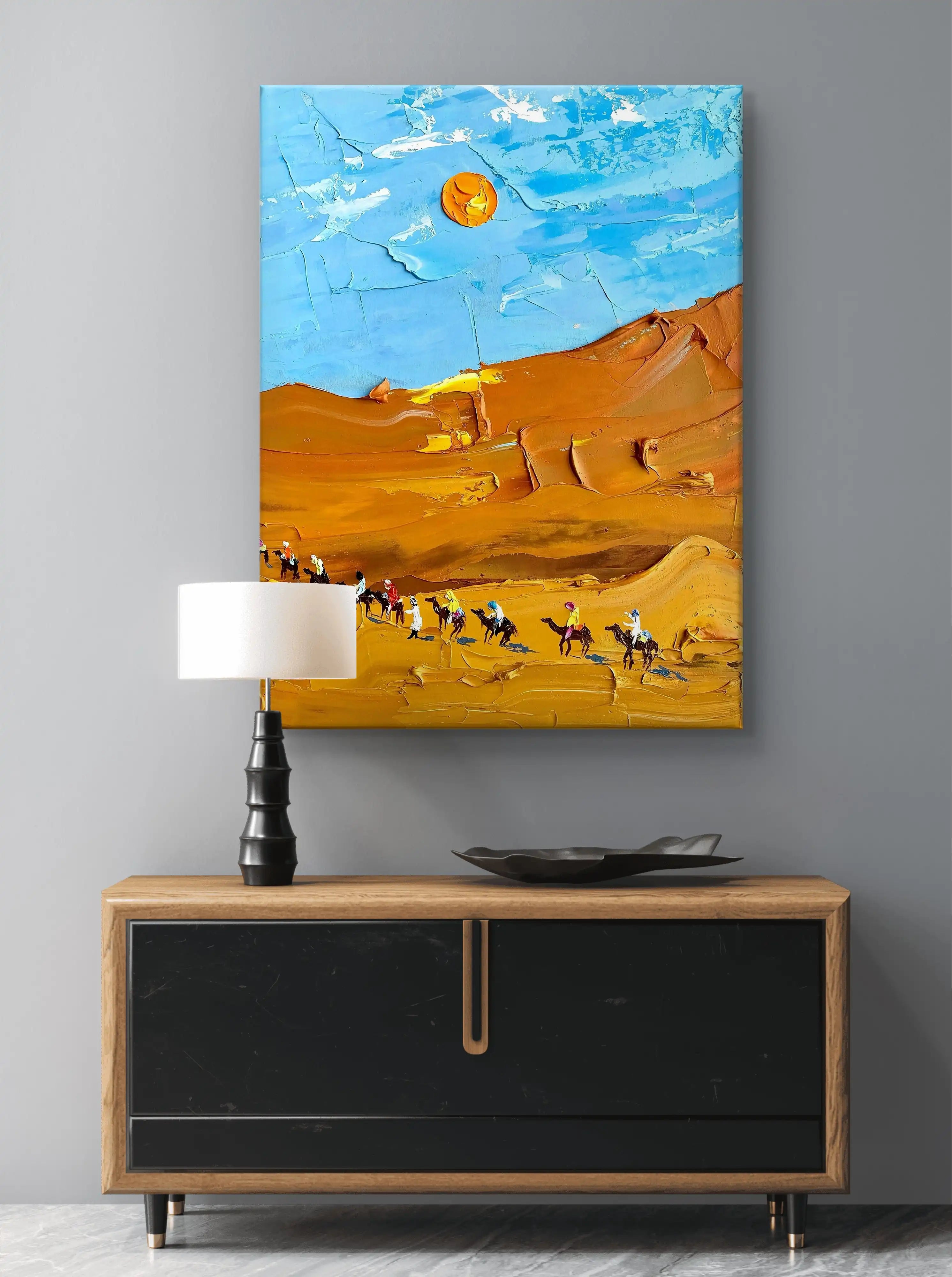Textured Desert Landscape Canvas with Camel Caravan Under Blue Sky