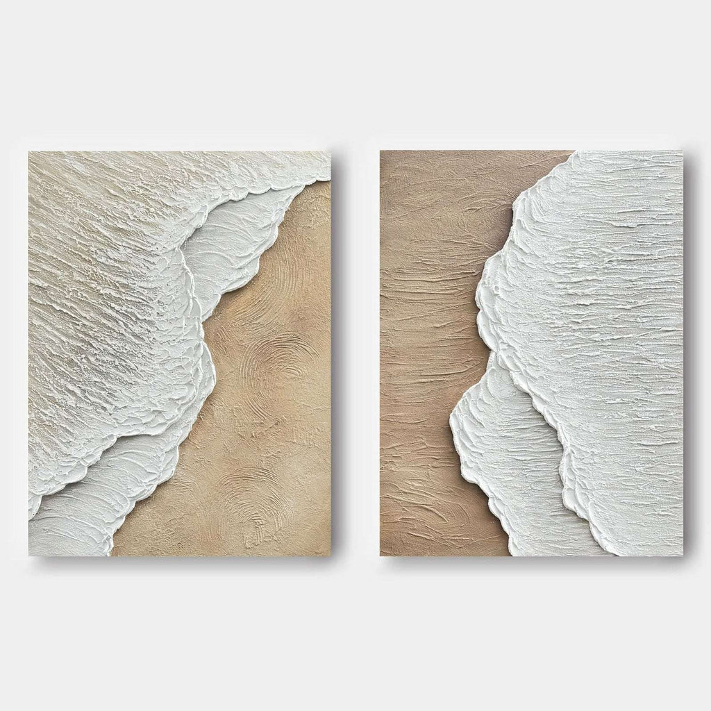 Set of 2 white and beige 3D textured coastal wall art with raised foam relief