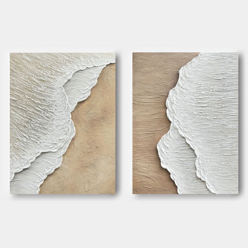 Two-panel 3D textured minimalist coastal wall art 'Foam & Shore' with white foam-like shapes on beige background, hand-painted canvas