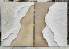 Close-up of beige coastal wall art with raised white foam texture across two panels
