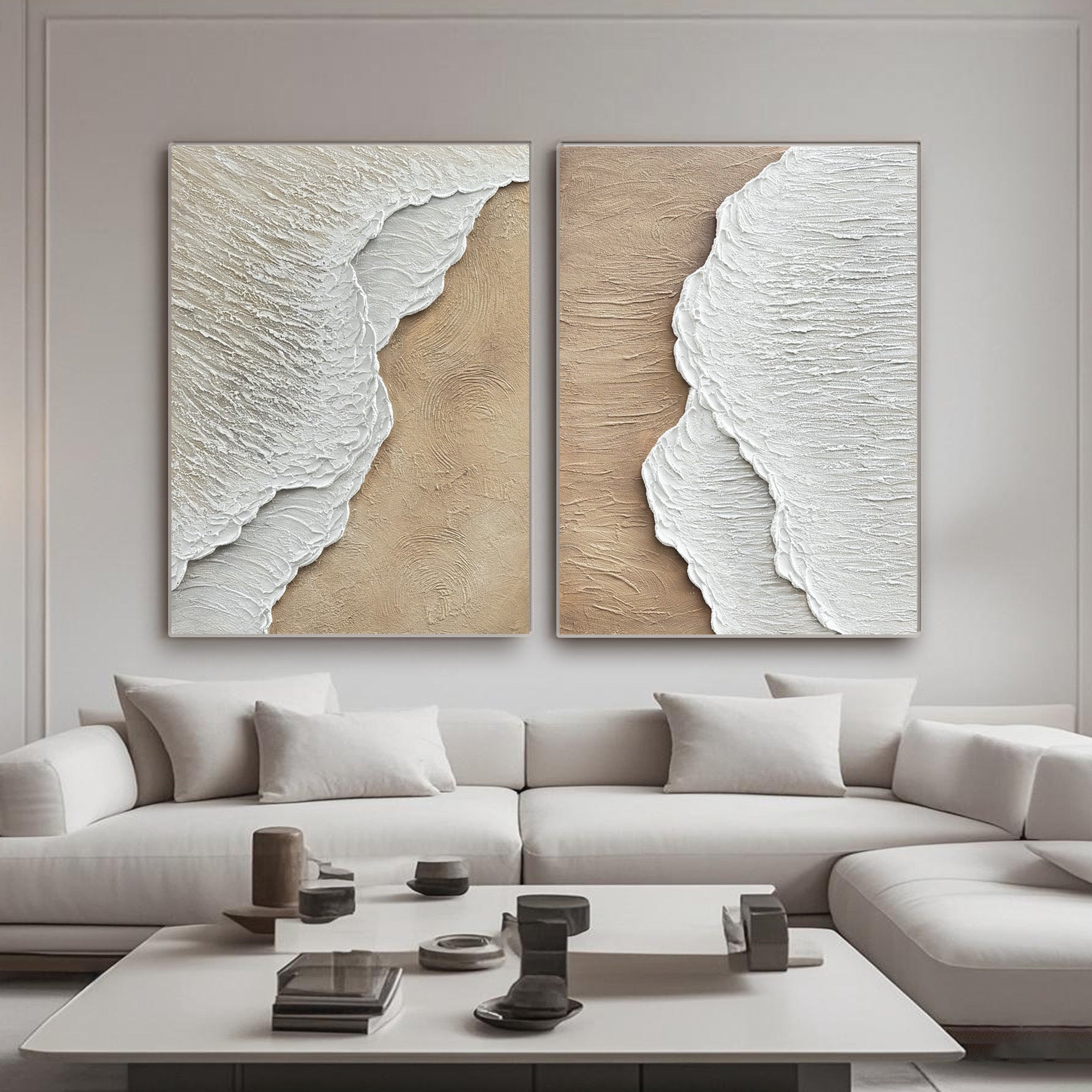 Lumi Gallery 3D textured minimalist coastal wall art with white foam waves on tan canvas, modern living room