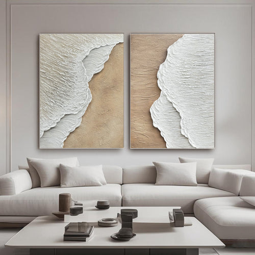 Lumi Gallery 3D textured minimalist coastal wall art with white foam waves on tan canvas, modern living room