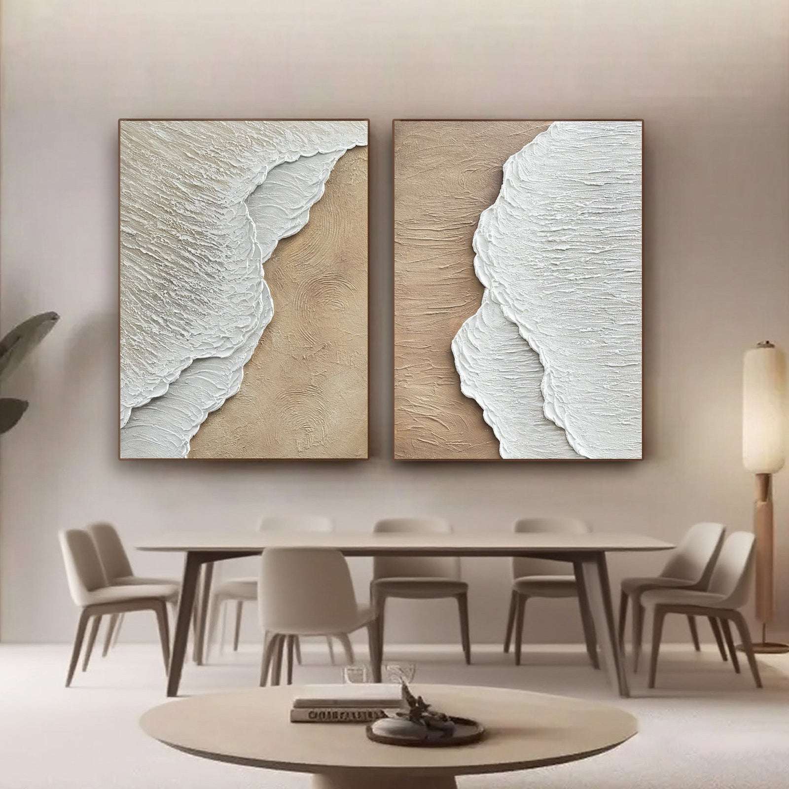 Coastal wall art set of 2 displayed above a dining area in a neutral interior