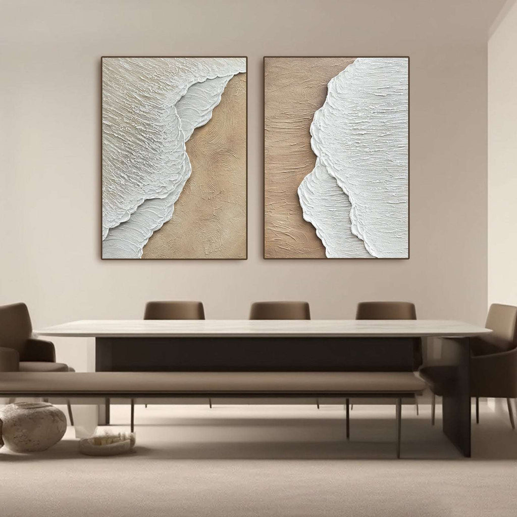 Minimalist 3D coastal diptych with white wave texture and warm beige ground