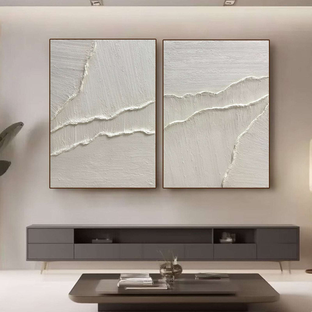 Pale Tide white textured wall art set above a console in a modern living room