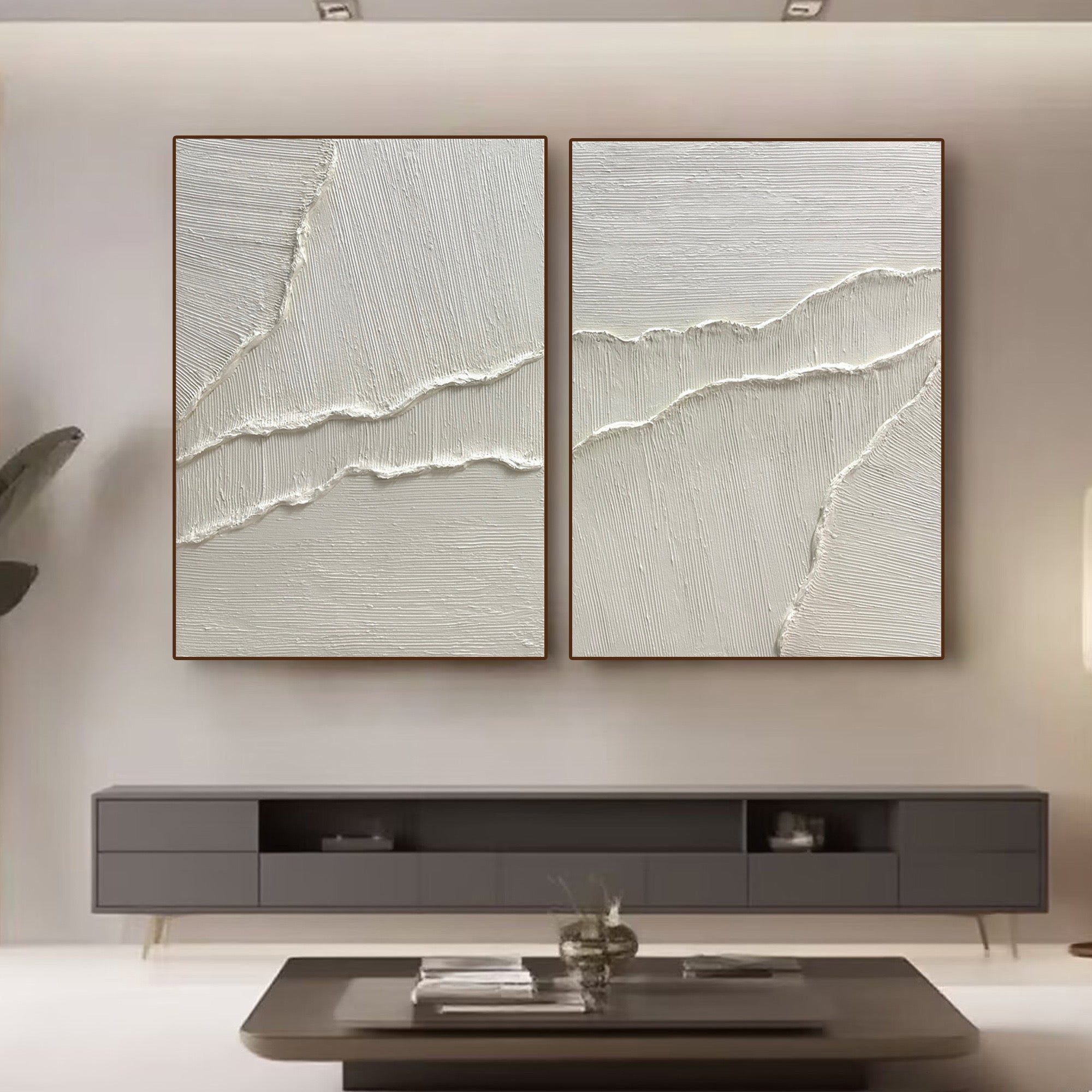 Pale Tide minimalist white abstract wall art in contemporary living room at Lumi Gallery
