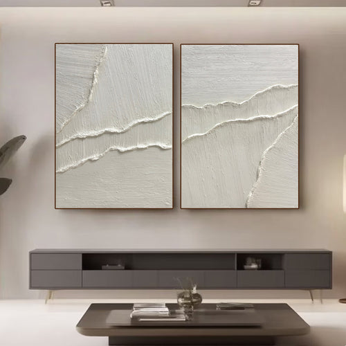 Pale Tide minimalist white abstract wall art in contemporary living room at Lumi Gallery