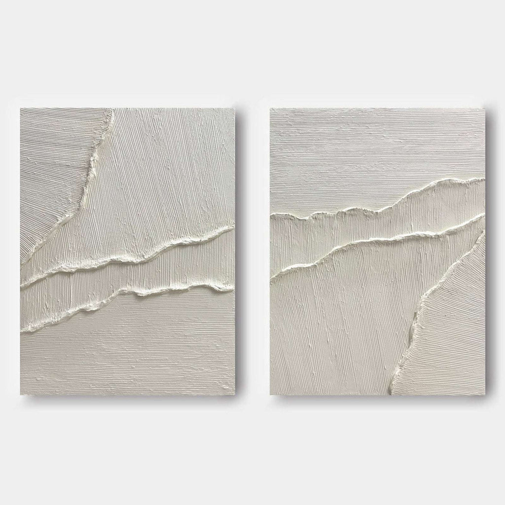 Set of 2 minimalist white 3D textured wall art with raised tide-like lines