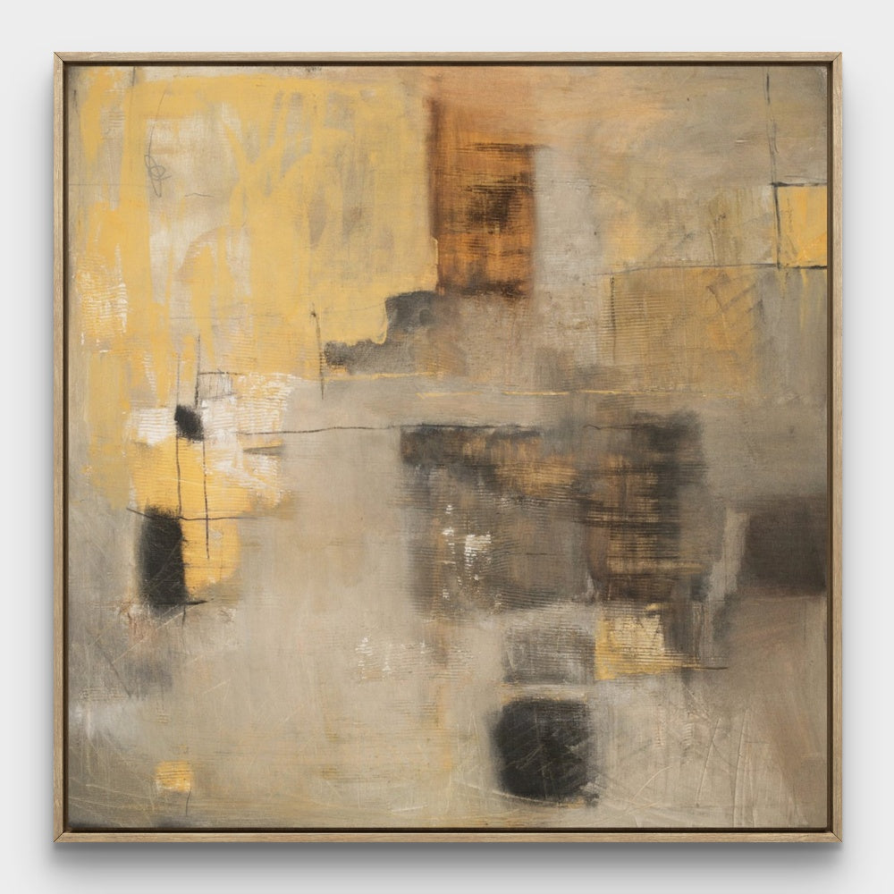 Vintage abstract minimalist painting on a square canvas, featuring warm gray, yellow, and brown hues for a nostalgic yet mode