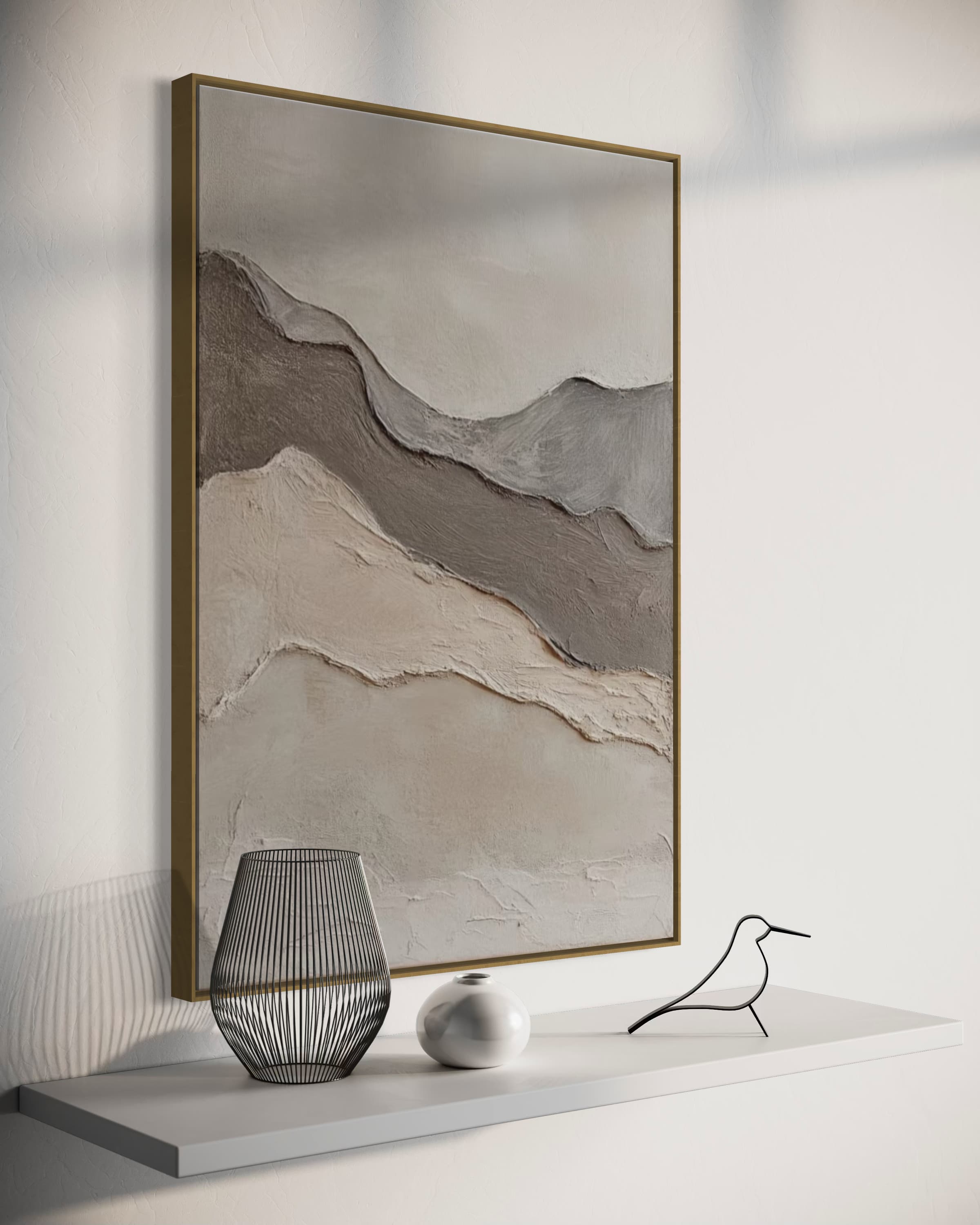 Abstract wall art with wavy textured hills in modern Wabi Sabi style