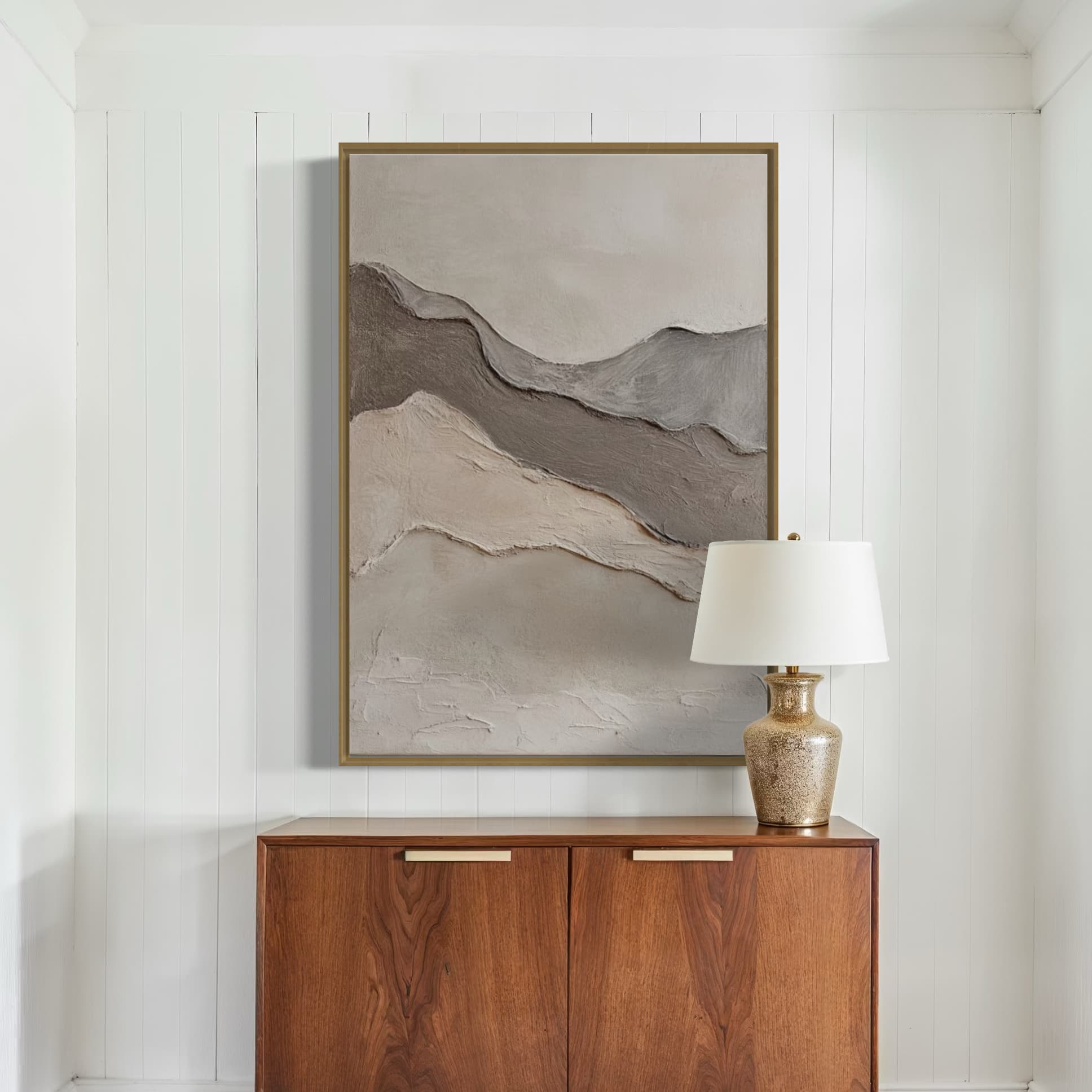 Hand-painted neutral canvas featuring abstract terrain forms