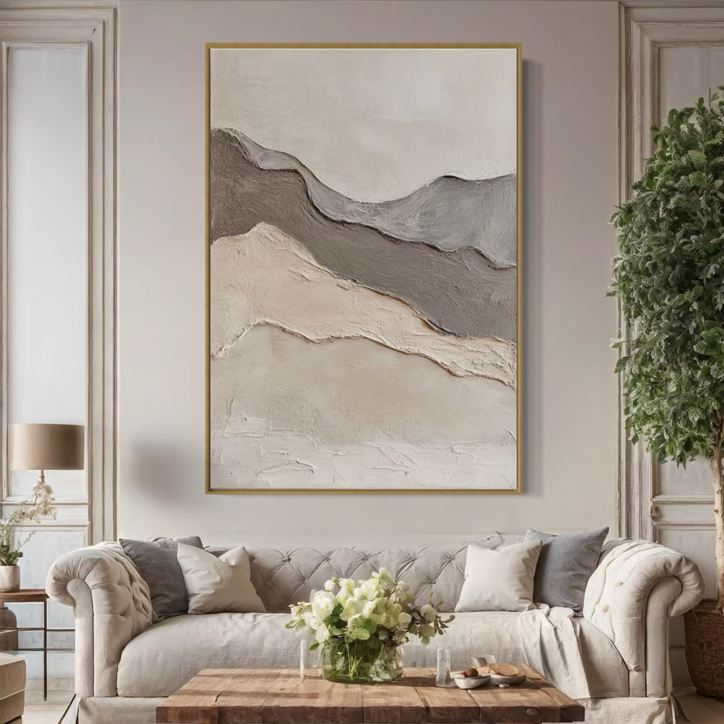 Textured Wabi Sabi landscape displayed in a modern living room