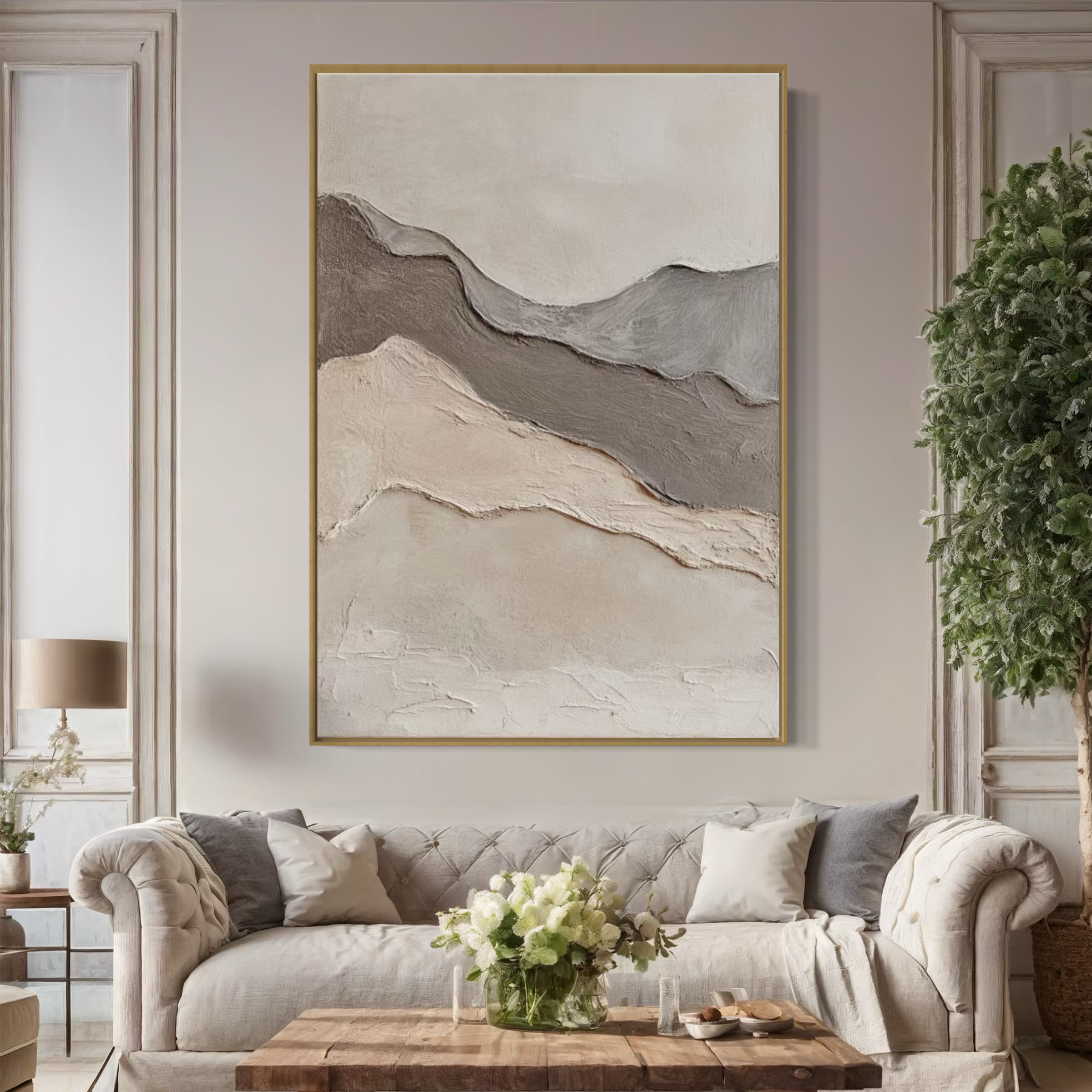Textured Wabi Sabi landscape displayed in a modern living room