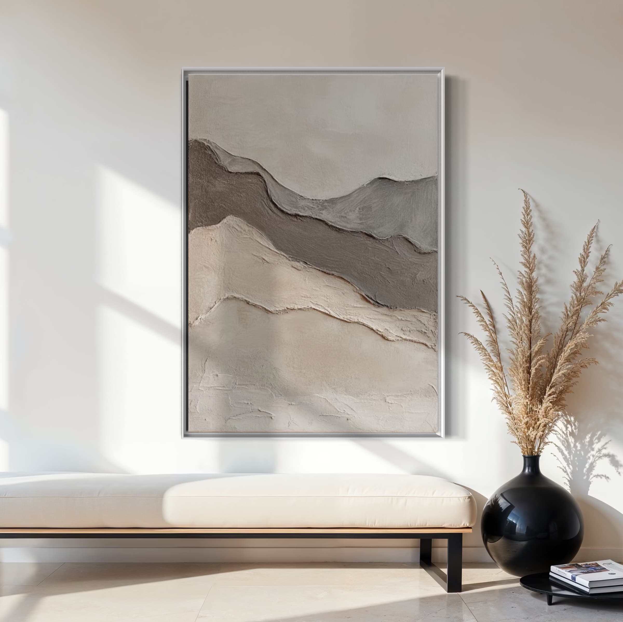 Neutral square painting with sculptural texture for home interior