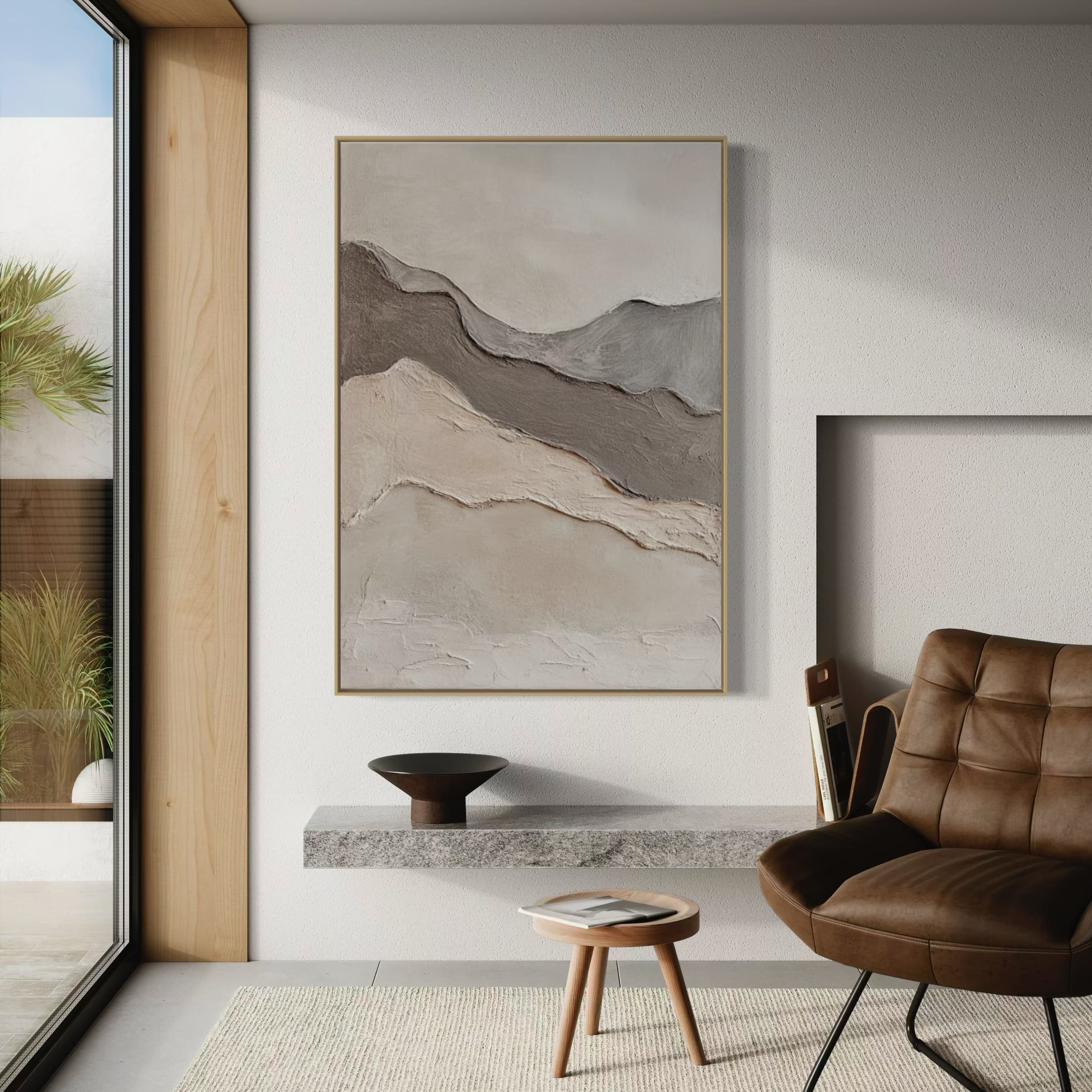 Wabi Sabi canvas with sculptural ridges in earthy gray and beige