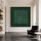 Wabi-Sabi green geometric hand-painted canvas art on white wall in contemporary living room