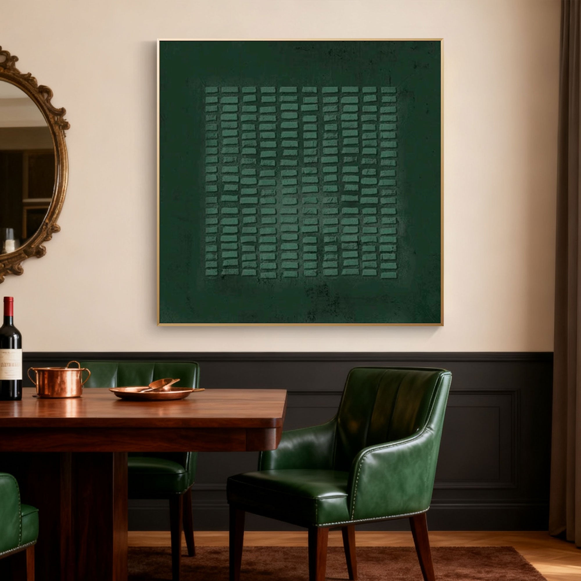Emerald green geometric canvas art with textured pattern, framed, mounted on dining room wall at Lumi Gallery