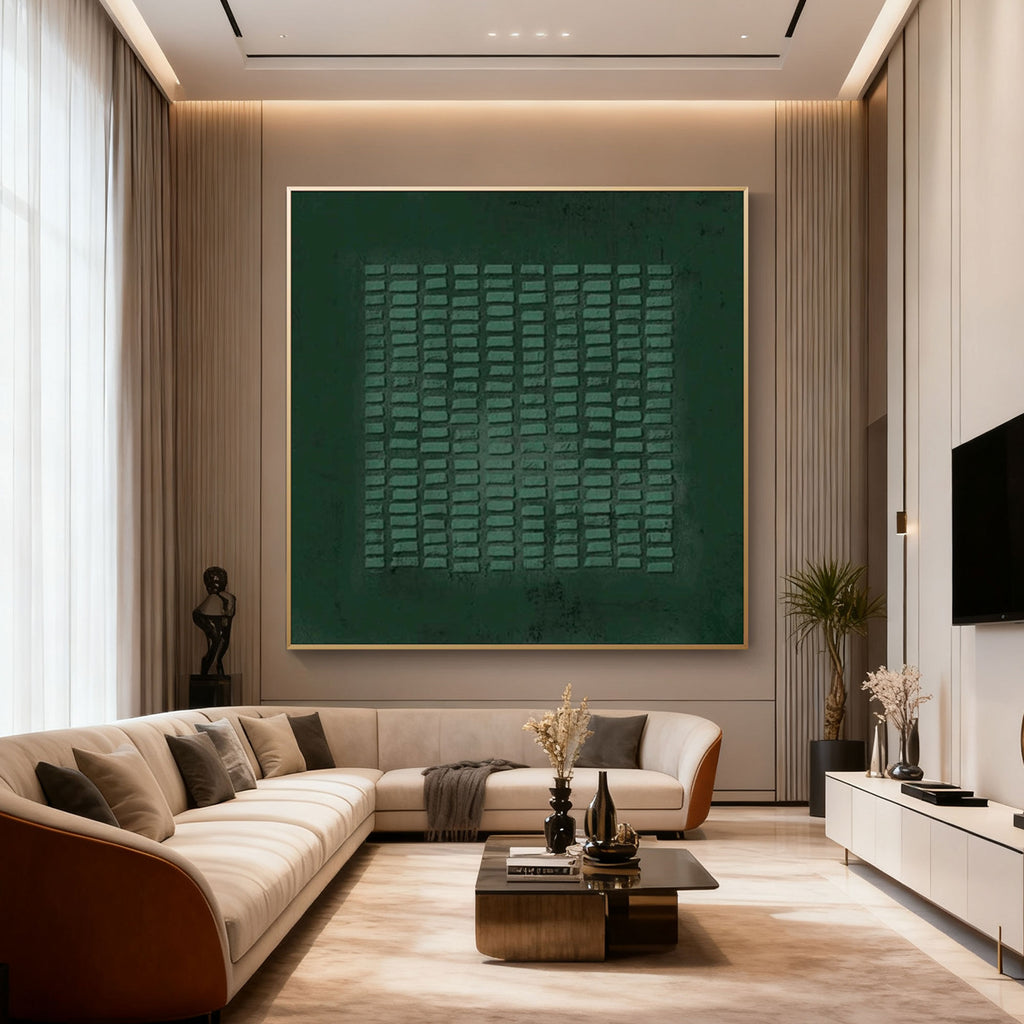 Lumi Gallery's Wabi-Sabi green geometric canvas art with textured patterns, modern living room display