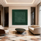 Wabi-Sabi Green Geometric Canvas Art - Emerald Order: Large emerald green hand-painted canvas with textured rectangular patterns, displayed in a modern living room with beige sofa, armchair, and round coffee table.