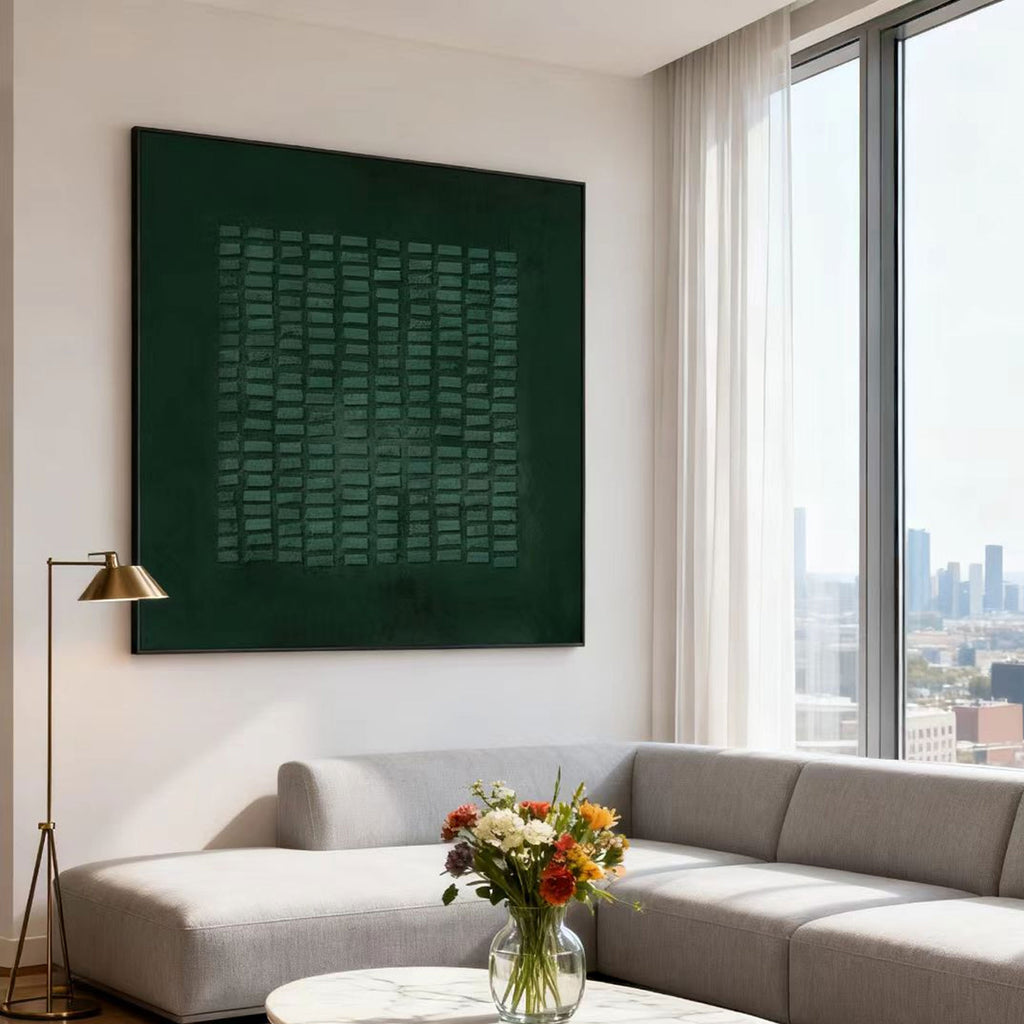Hand-painted Wabi-Sabi green textured geometric canvas art in modern living room