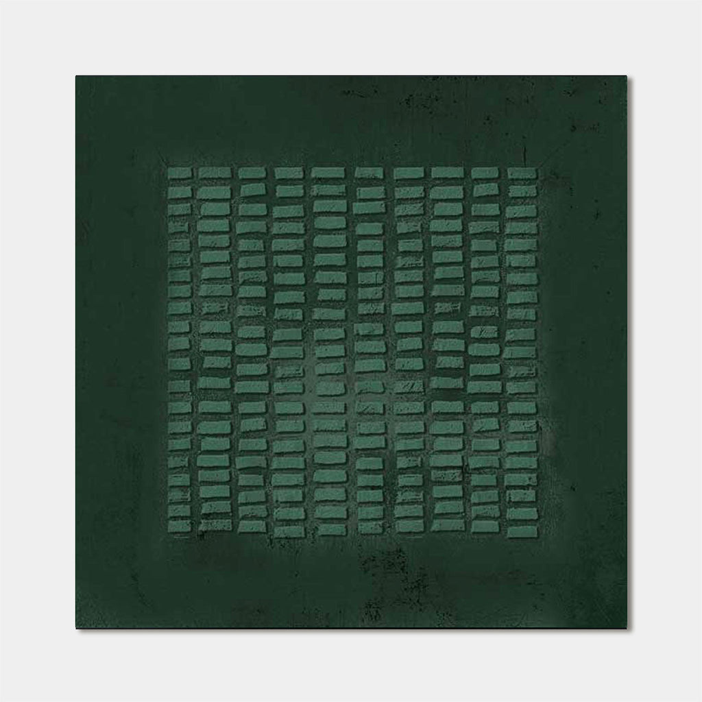 Wabi-Sabi hand-painted emerald green geometric canvas art with textured rectangular grid pattern on dark green background.