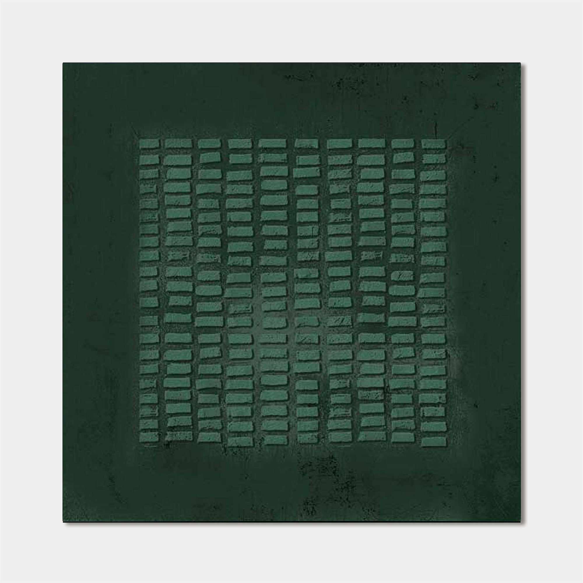 Wabi-Sabi hand-painted emerald green geometric canvas art with textured rectangular grid pattern on dark green background.