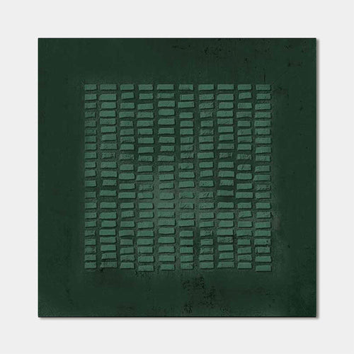 Wabi-Sabi hand-painted emerald green geometric canvas art with textured rectangular grid pattern on dark green background.
