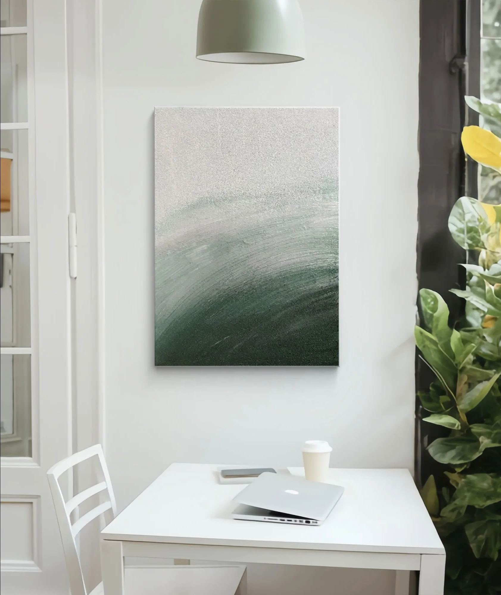 Minimalist painting in a bright, modern dining area.