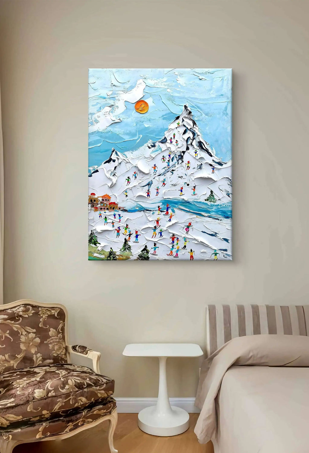 textured wall art of a snowy ski resort scene with vibrant skiers, a snowy mountain, and a blue sky.