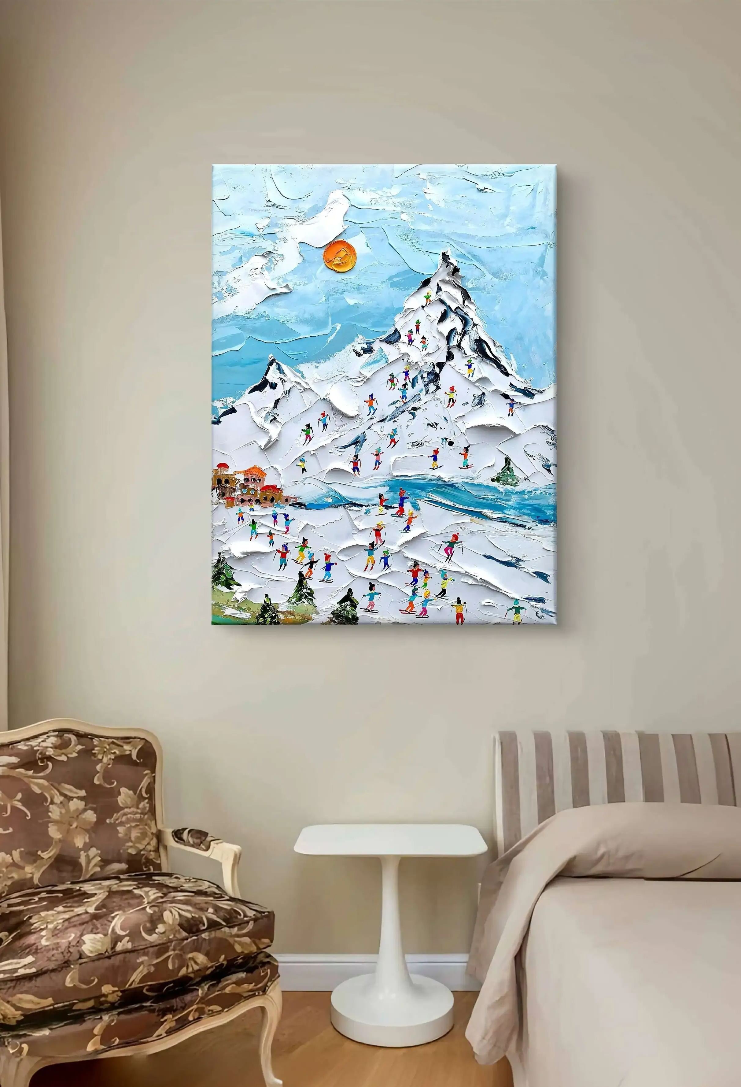 textured wall art of a snowy ski resort scene with vibrant skiers, a snowy mountain, and a blue sky.